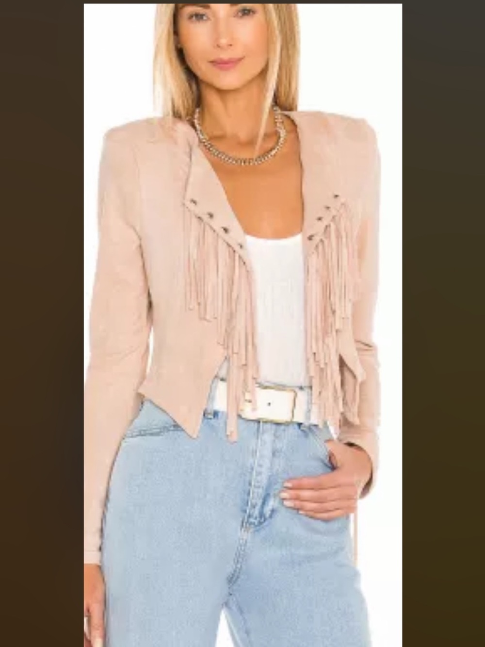 NBD x Revolve Taylor  Fringe Trim Cropped Jacket in Nude Faux Suede  EUC-Mint